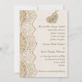 Burlapのホワイトレースと段ボール結婚ハート 招待状 (正面)