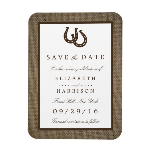 Burlapの素朴カントリーホースシューズ日付を保存 マグネット (縦)