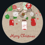 BurlapのCountry Mason Jar Christmas フェイク Sticker ラウンドシール<br><div class="desc">カントリーメイスンジャールクリスマスステッカー</div>