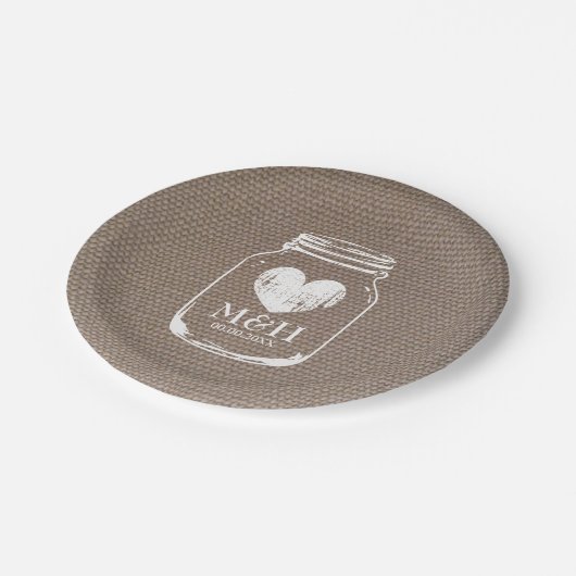 Burlapカントリーシックなメイソンのjarウェディングパーティーのプレート ペーパープレート (アングル)