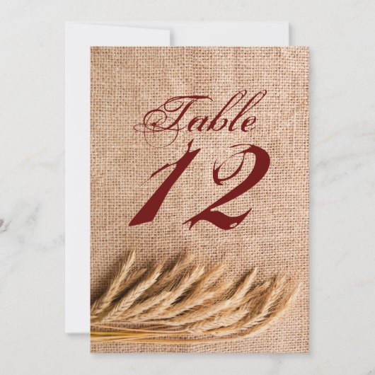 Burlapサックの国で5x7テーブルナンバーカード小麦 招待状 (正面)