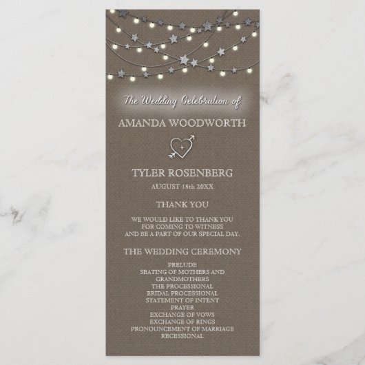 Burlapスターストリングライト素朴結婚式 プログラム (正面)
