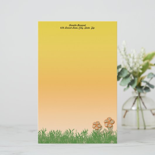 Burlapテクスチャオレンジフラワーアートパーソナライズされた 便箋 (スタンド正面)