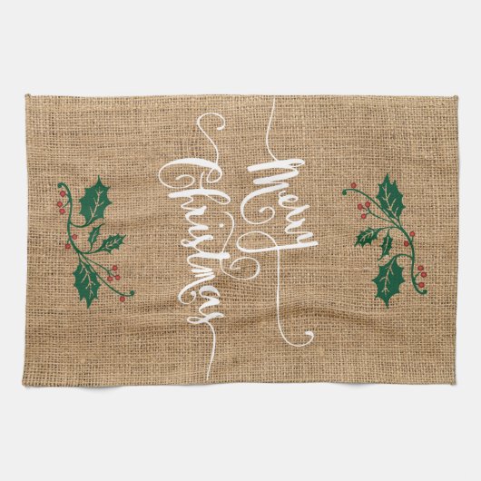 Burlapテクスチャメリークリスマス キッチンタオル (横)