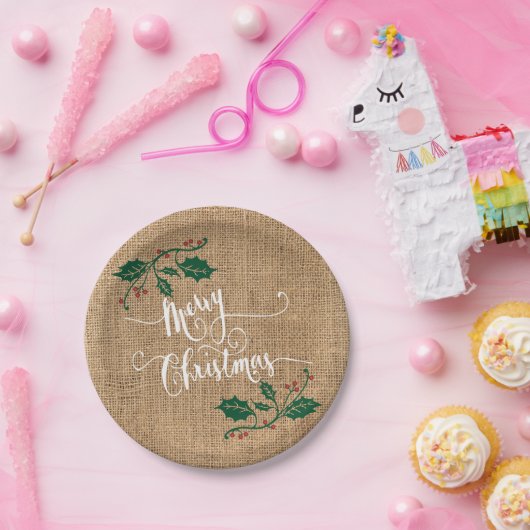 Burlapテクスチャメリークリスマス ペーパープレート (パーティー)