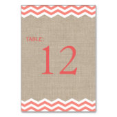 Burlapテーブル番号のコーラルシェブロン テーブルナンバー (正面)