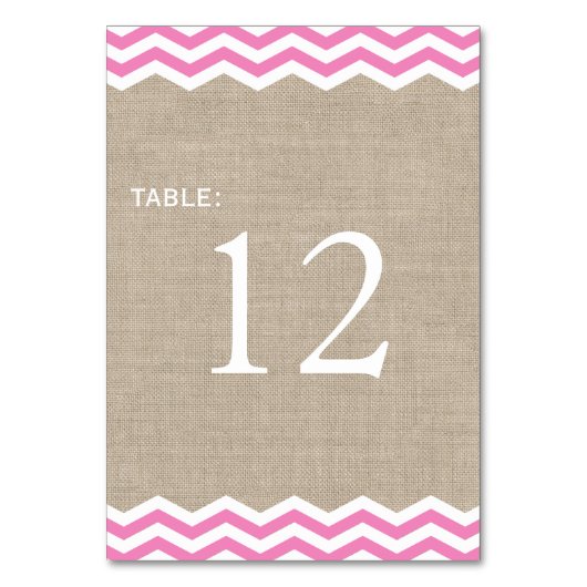 Burlapテーブル番号の上のピンクのシェブロン テーブルナンバー (裏面)