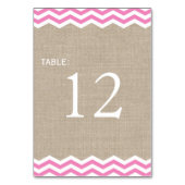 Burlapテーブル番号の上のピンクのシェブロン テーブルナンバー (正面)