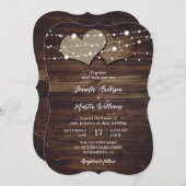 Burlapハートストリングライツ素朴ウッド結婚ズ 招待状 (正面/裏面)