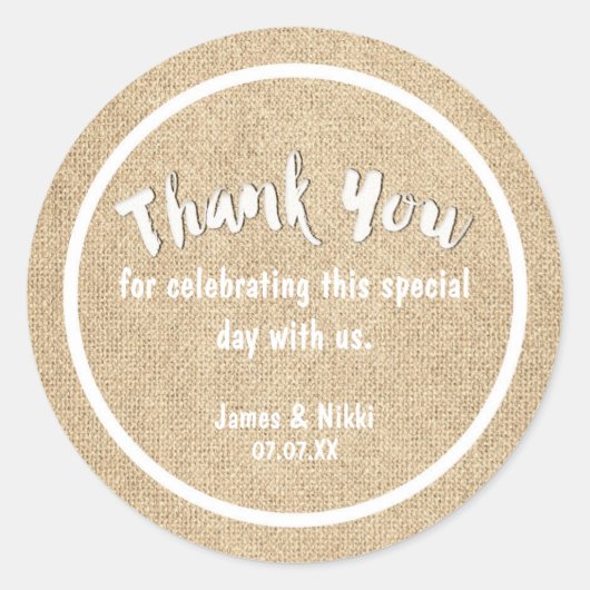 BURLAPホワイトありがとう素朴ステッカー結婚 ラウンドシール (正面)