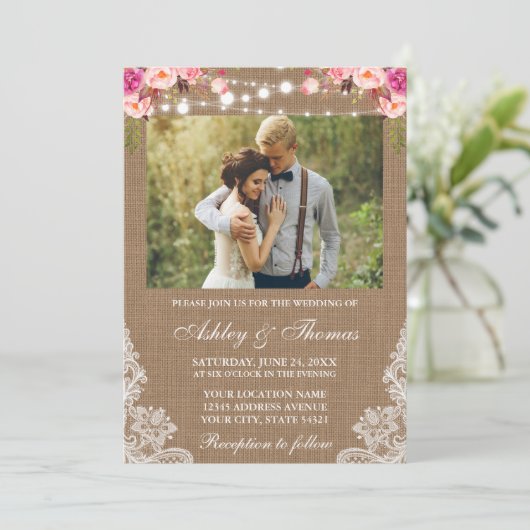 Burlapラ素朴イ結婚ントレースフローラ写真 招待状 (スタンド正面)