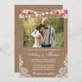 Burlapラ素朴イ結婚ントレースフローラ写真 招待状 (正面/裏面)