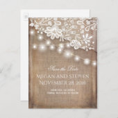 Burlapレースとストリングライト素朴日付を保存 案内ポストカード (正面/裏面)