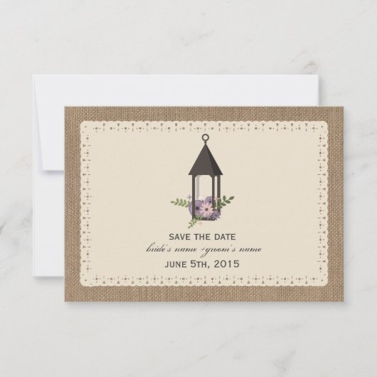 Burlapレースインスパイアのフローラランタン セーブザデート (正面)