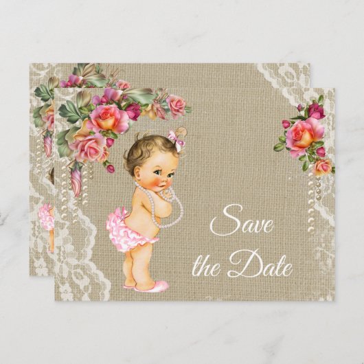 Burlapレース赤ちゃんシャワー日付はがきを保存 案内ポストカード (正面/裏面)
