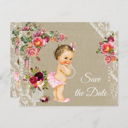 Burlapレース赤ちゃんシャワー日付はがきを保存 案内ポストカード (正面/裏面)