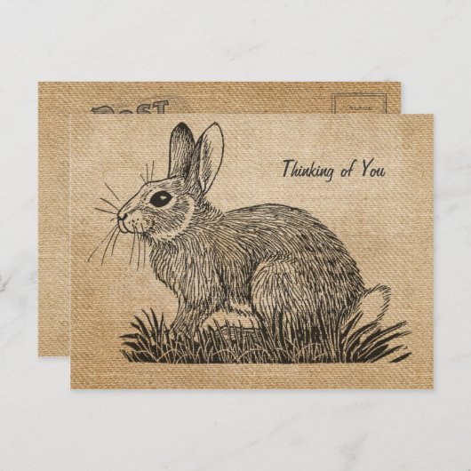 Burlapヴィンテージ考えウサギの葉書 ポストカード (正面/裏面)