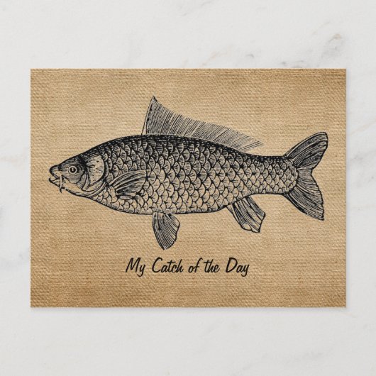 Burlapヴィンテージ魚のキャッチ・オブ・ザ・デイ ポストカード (正面)