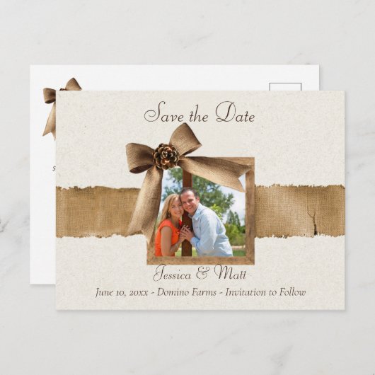 Burlap写真素朴日付はがきを保存 ポストカード (正面/裏面)