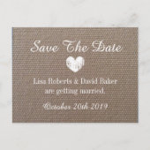 Burlap日付のポストカ結婚ードをハート付きで保存 案内ポストカード (正面)
