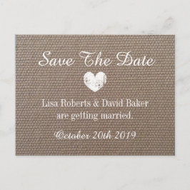Burlap日付のポストカ結婚ードをハート付きで保存 案内ポストカード