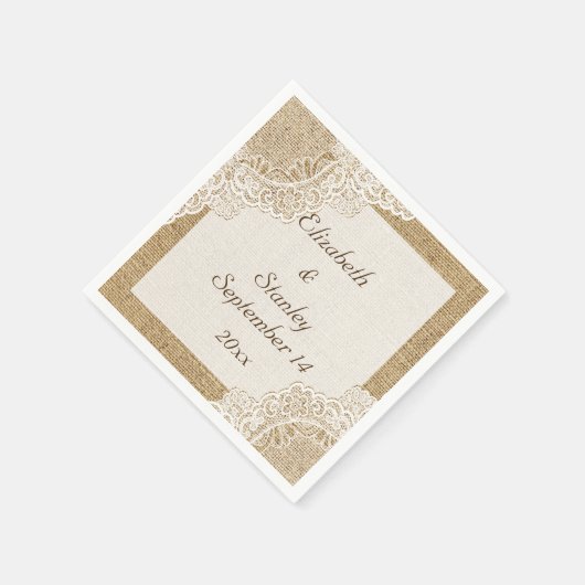 Burlap素朴の上の白いレース結婚。 スタンダードカクテルナプキン (角)