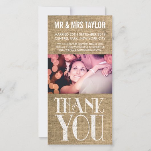 Burlap素朴の結婚Thank You Photo Card サンキューカード (正面)