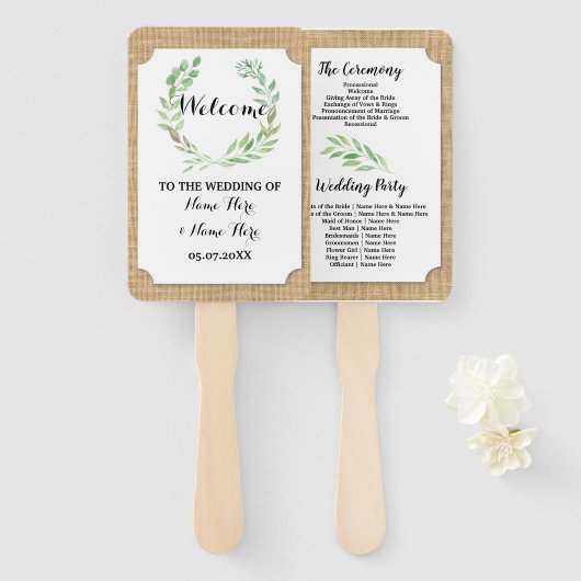 Burlap葉リース秋の結婚式プログラムファン ハンドファン (正面&裏面)