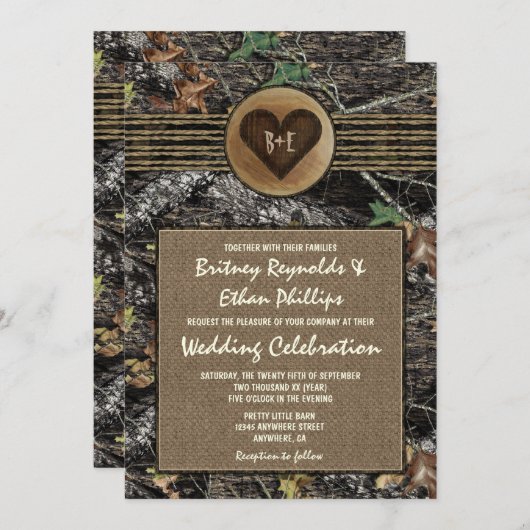 Burlap +彫刻ハート迷彩柄結婚式招待状 招待状 (正面/裏面)