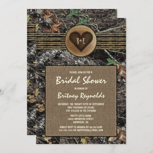 Burlap +狩り迷彩柄ブライダルシャワー招待状 招待状 (正面/裏面)