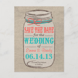 Burlap & 素朴 Mason Jar Save the Date - Coral 案内ポストカード