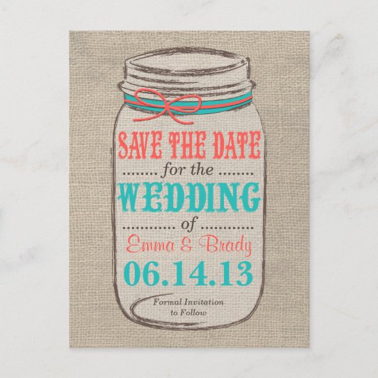 Burlap & 素朴 Mason Jar Save the Date - Coral 案内ポストカード (正面)