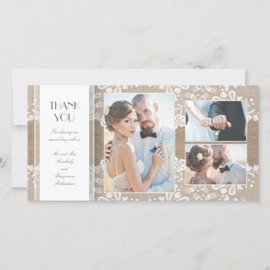 Burlap and Lace Photo's 結婚 Thank You サンキューカード (正面)