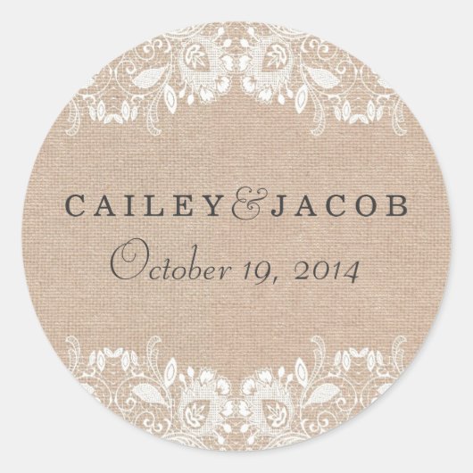 Burlap & Laceのシ結婚ステッカー ラウンドシール (正面)
