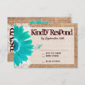 Burlap Laceティール（緑がかった色）デイジー結婚のRSVPカード 出欠カード (正面/裏面)