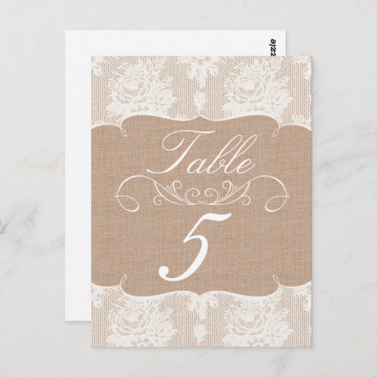 Burlap & Laceプリント結婚のテーブルナンバーカード ポストカード (正面/裏面)