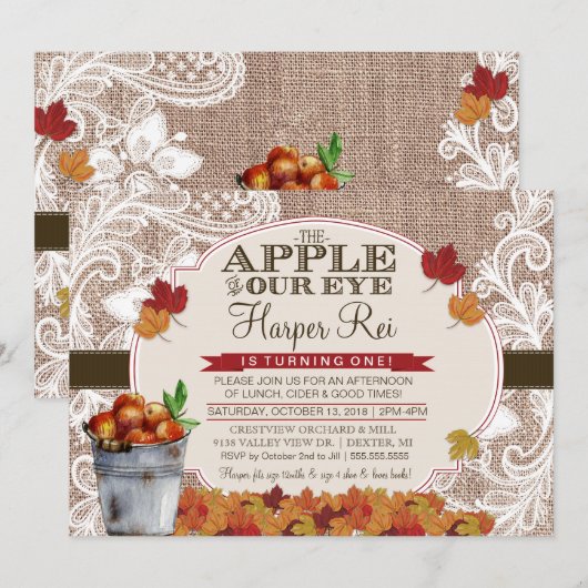 Burlap & Lace秋Apple Birthday Party招待 招待状 (正面/裏面)