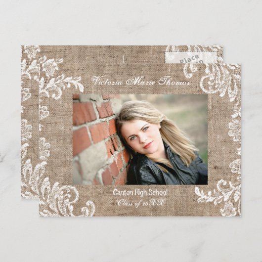 Burlap & Lace – 卒業発表ポストカード インビテーションポストカード (正面/裏面)
