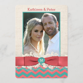 Burlap Lace Bowフェイクフォトウェディング招待，シェブロン 招待状