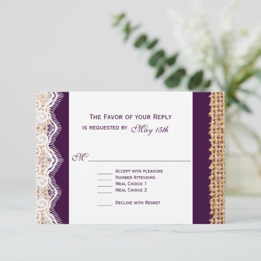 Burlap Lace Dark Purple Weding RSVP Card2 (スタンド正面)