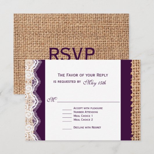 Burlap Lace Dark Purple Weding RSVP Card2 (正面/裏面)