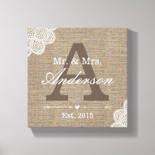 Burlap & Lace Family Established Family Name Sign キャンバスプリント (正面)