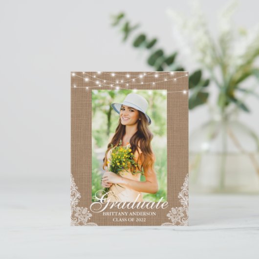 Burlap Lace Lights写真の卒業発表 ポストカード (スタンド正面)