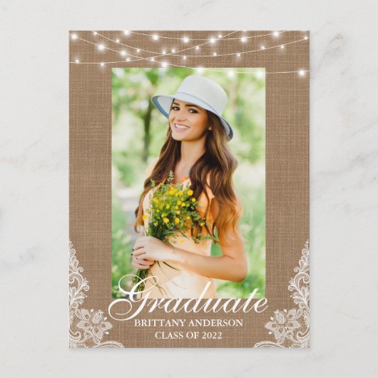 Burlap Lace Lights写真の卒業発表 ポストカード (正面)