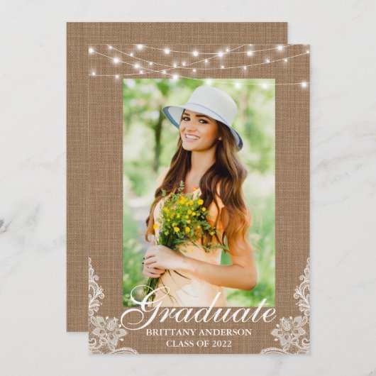 Burlap Lace Lights写真卒業 案内状 (正面/裏面)