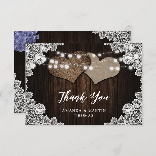 Burlap Lace Wood Rustic Purple Blue Floral Wedding サンキューカード (正面/裏面)