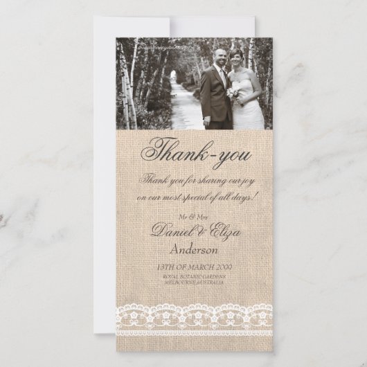 Burlap & Lace's Thank 結婚 You Photo Card サンキューカード (正面)