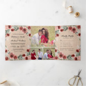 Burlap Marsala素朴フローラフォトコラージュ結婚ズ 三つ折り招待状 (内部)