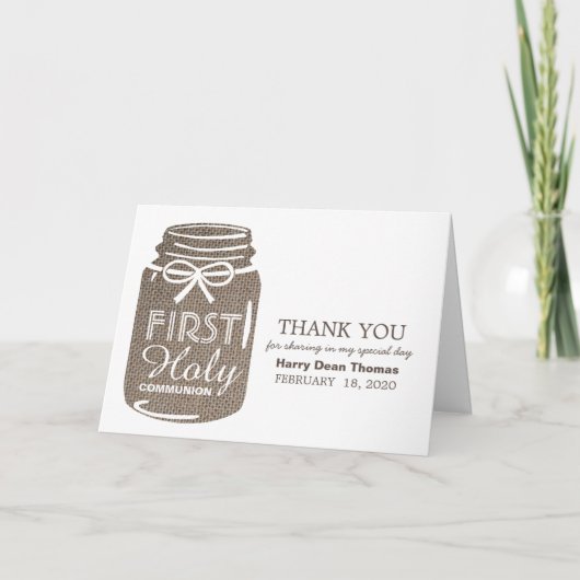 Burlap Mason Jar、最初の聖餐式 カード (正面)