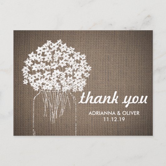 Burlap Mason Jar Flowers 結婚'S Thank You ポストカード (正面)